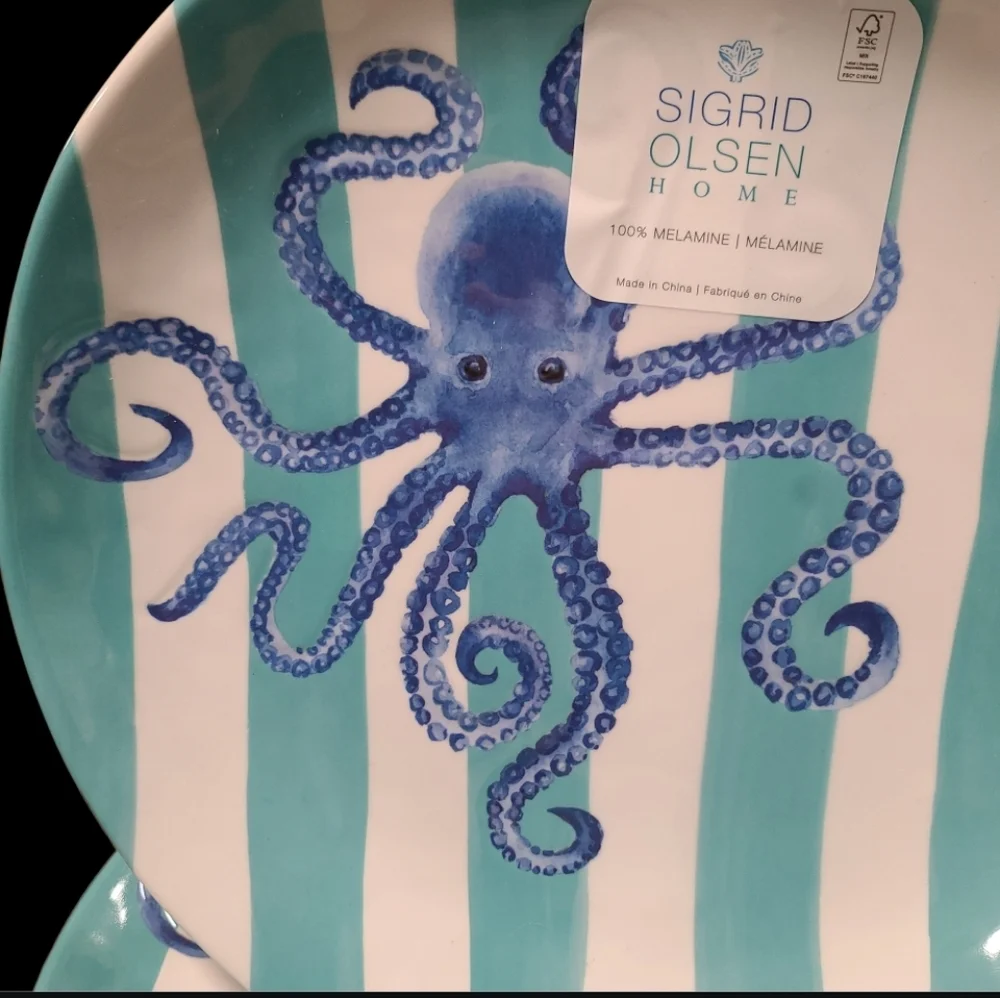 8pc Sigrid Olsen Blue Octopus Cabana Stripe Melamine Dinner Plate & Bowl Set New